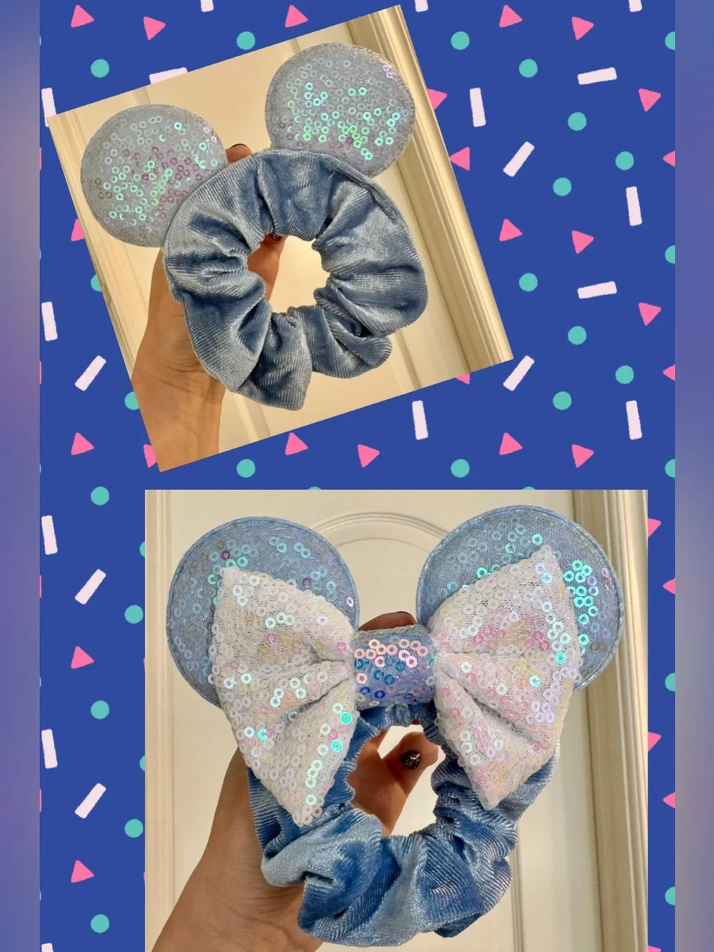 Frozen Minnie Mouse Ears Scrunchie, Blue Velvet Band, Sequined Ears and Bow